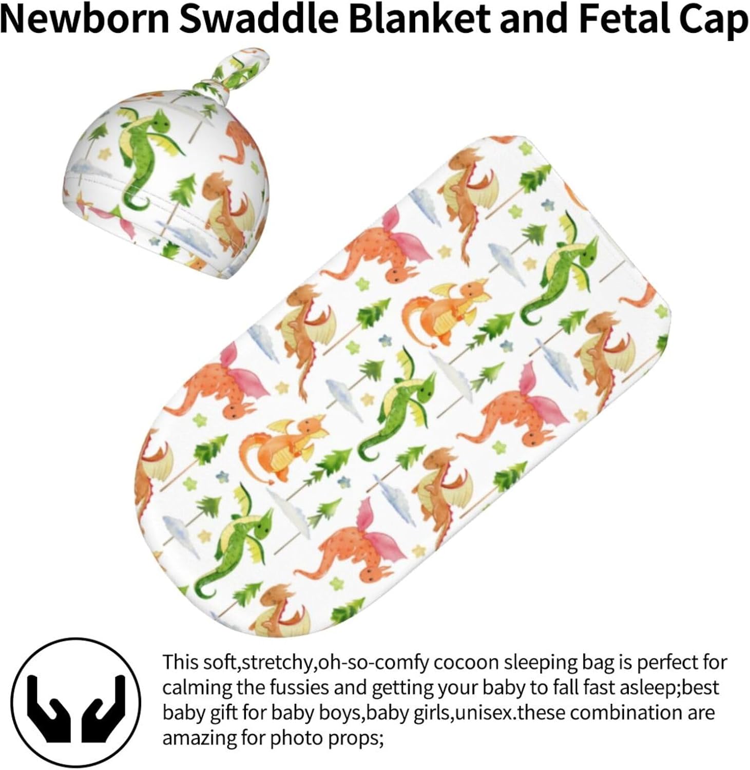Dragon and Tree Print Swaddle Blanket with Beanie Set