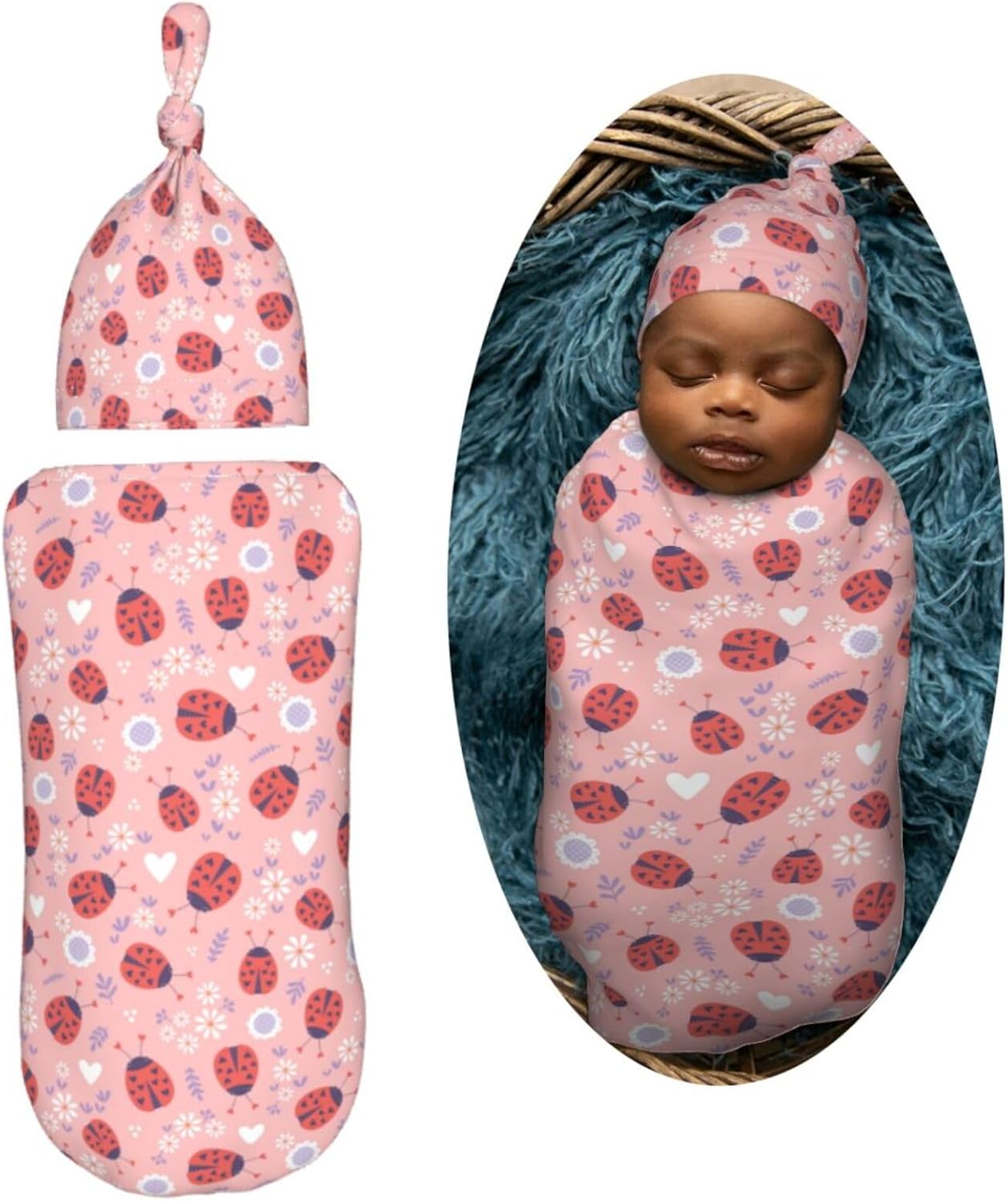 Muishi Ladybugs Hearts Flowers Swaddle Blanket Hat Set