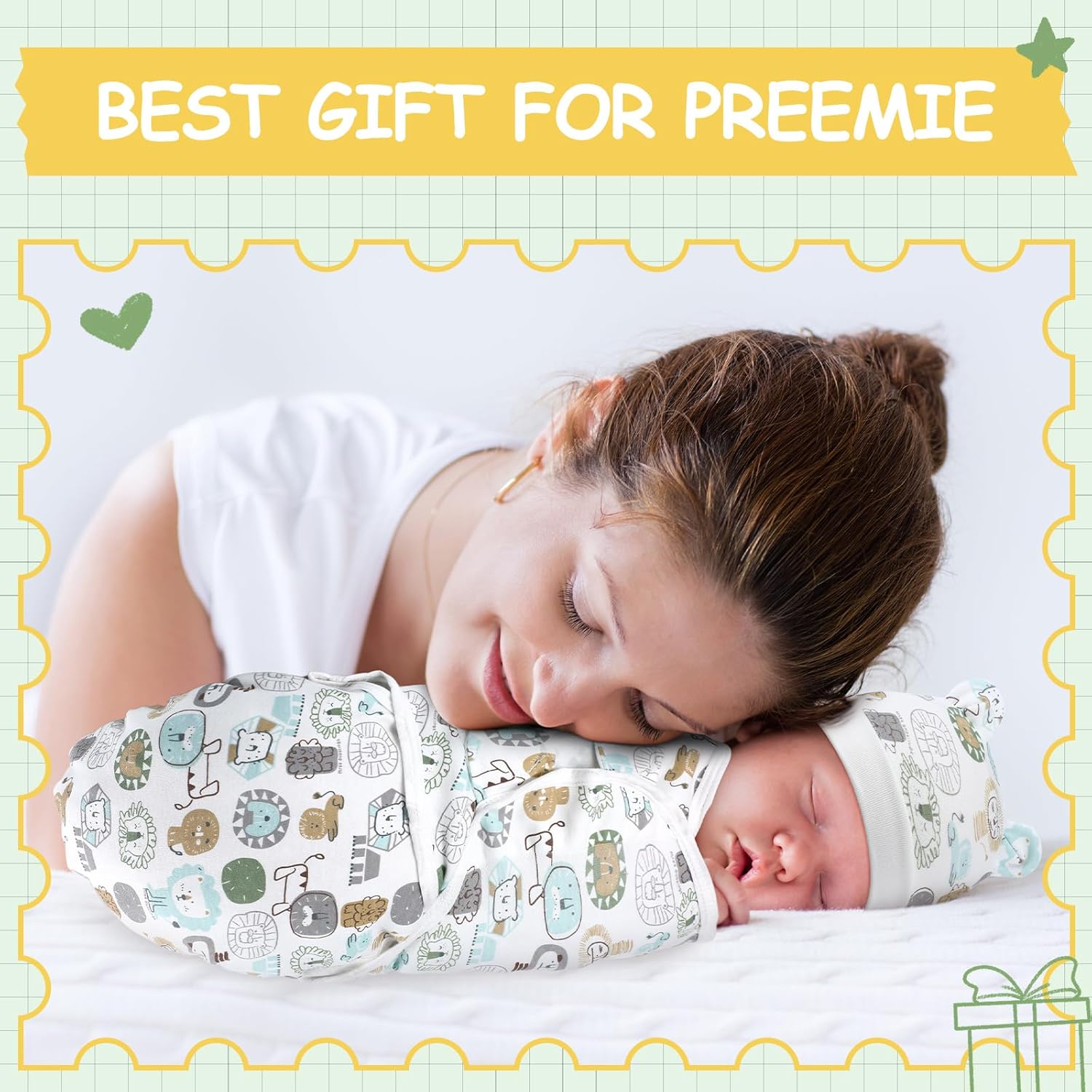 2 Pack Preemie Baby Swaddle Blanket with Cow Hat Set