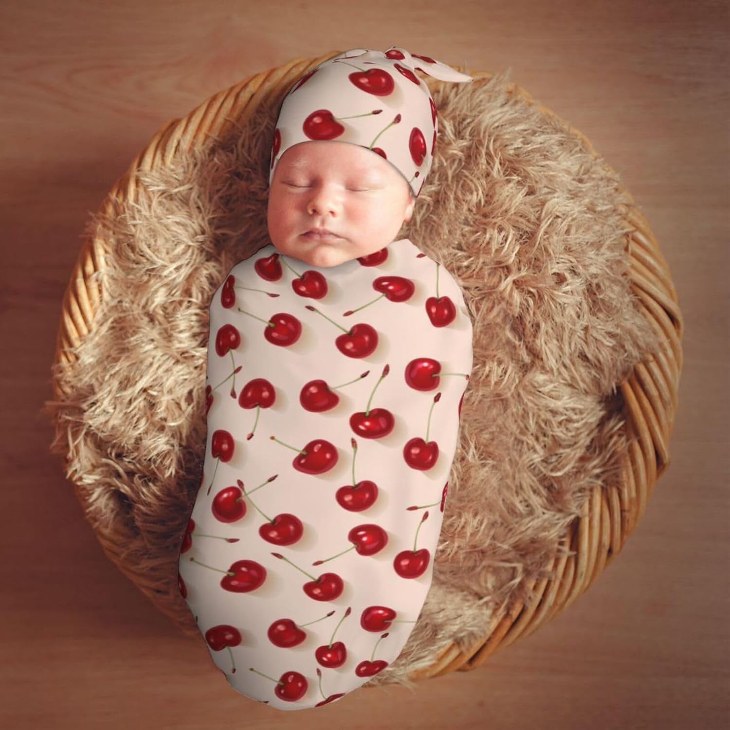 Red Cherrys Pattern Newborn Swaddle Blanket Hat Set