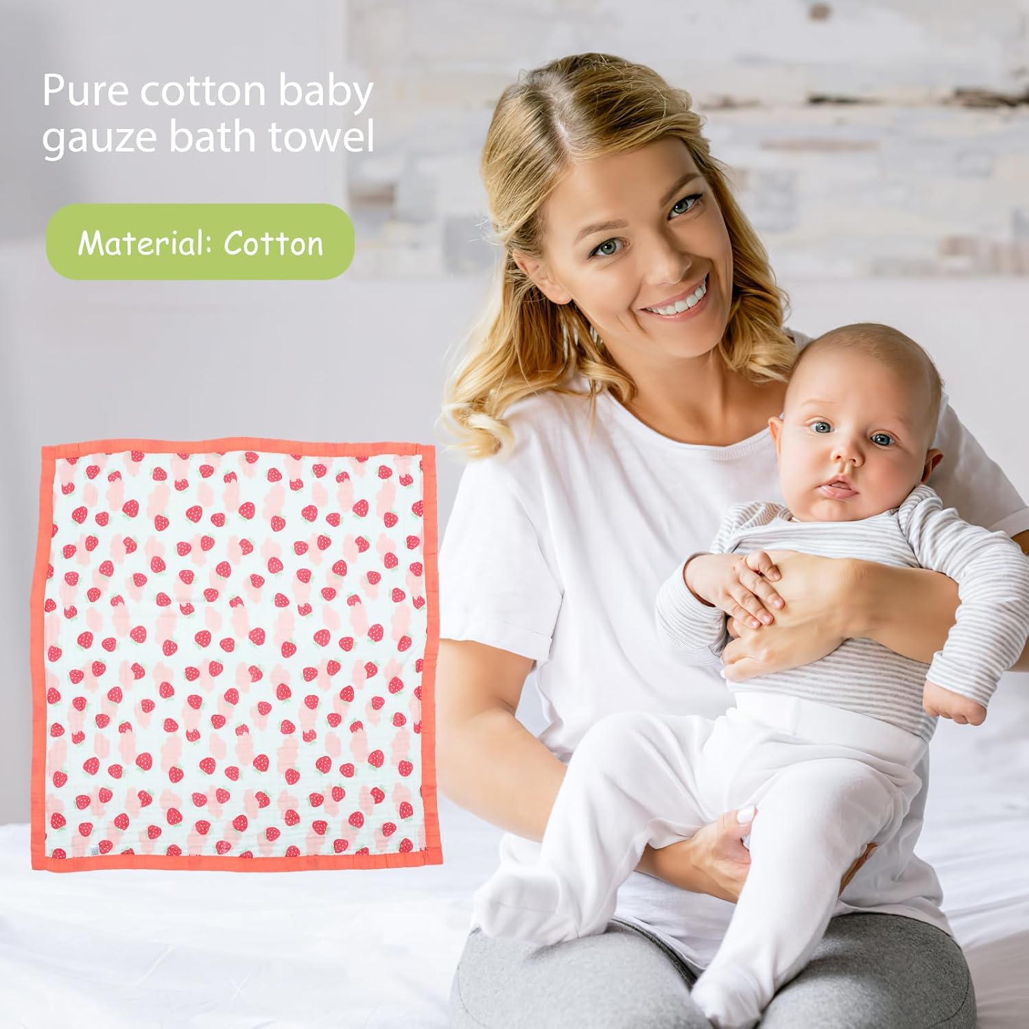 Baby Muslin Swaddle Blanket Red Strawberry Pattern 110x110cm