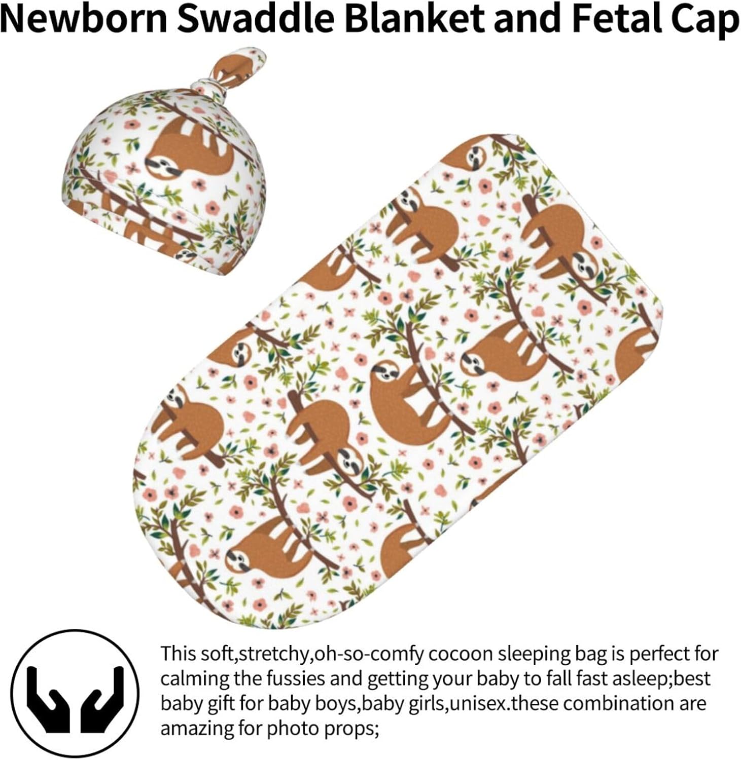 Lcokin Cute Sloth Baby Swaddle Blanket Hat Set