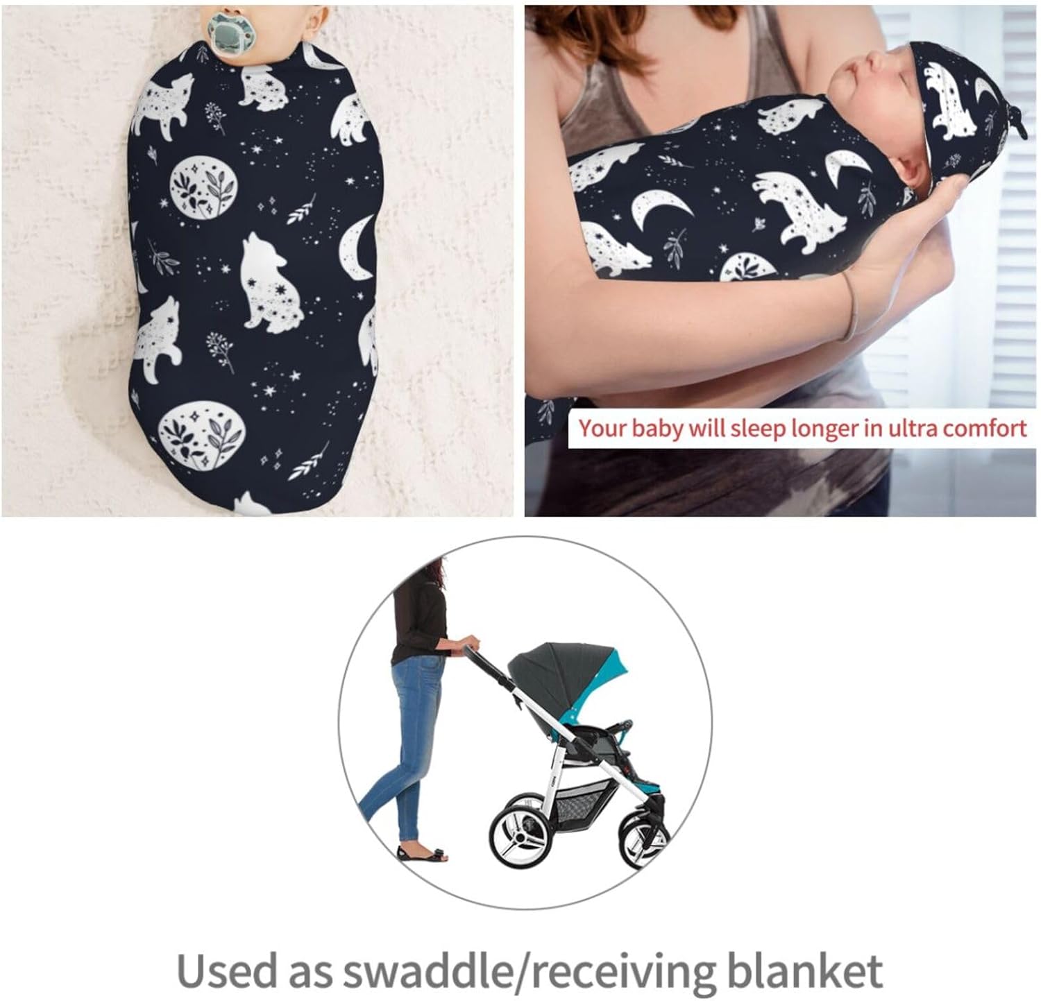 Boho Wolf Newborn Swaddle Blanket Hat Set