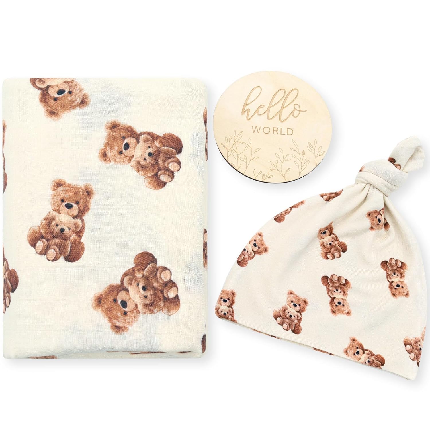 LifeTree Muslin Swaddle Blanket with Bear Hat Set