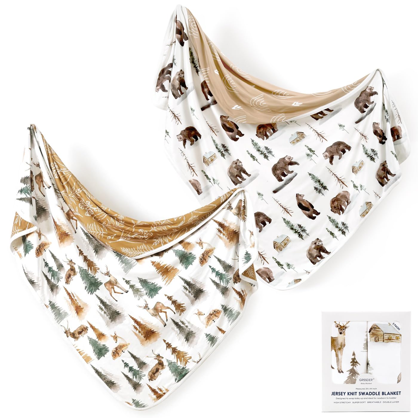 GRSSDER Soft Stretchy Swaddle Blanket 2 Pack Deer Bear