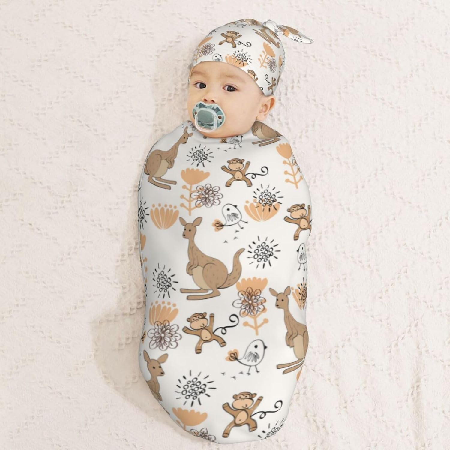 Muishi Funny Kangaroo Monkey Swaddle Blanket Hat Set