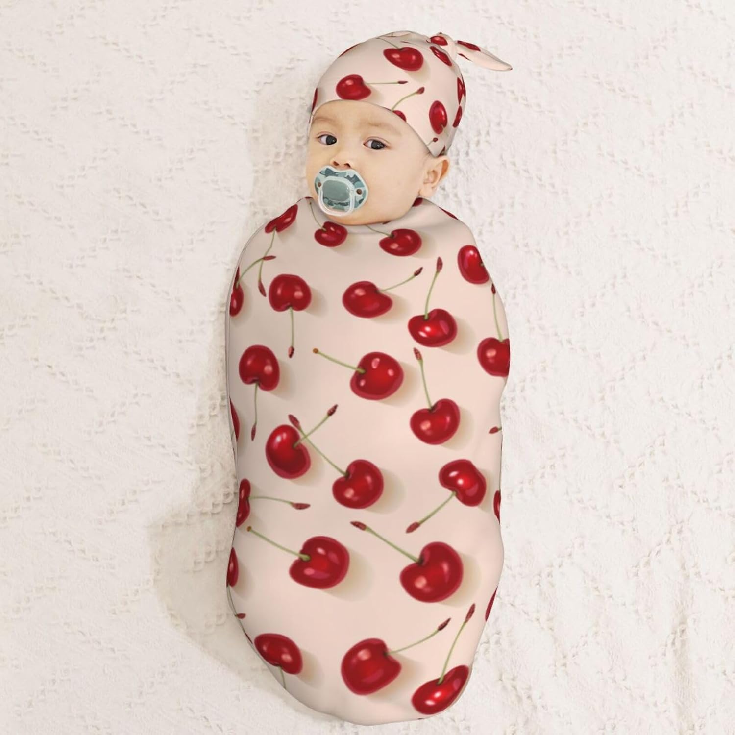 Red Cherrys Pattern Newborn Swaddle Blanket Hat Set