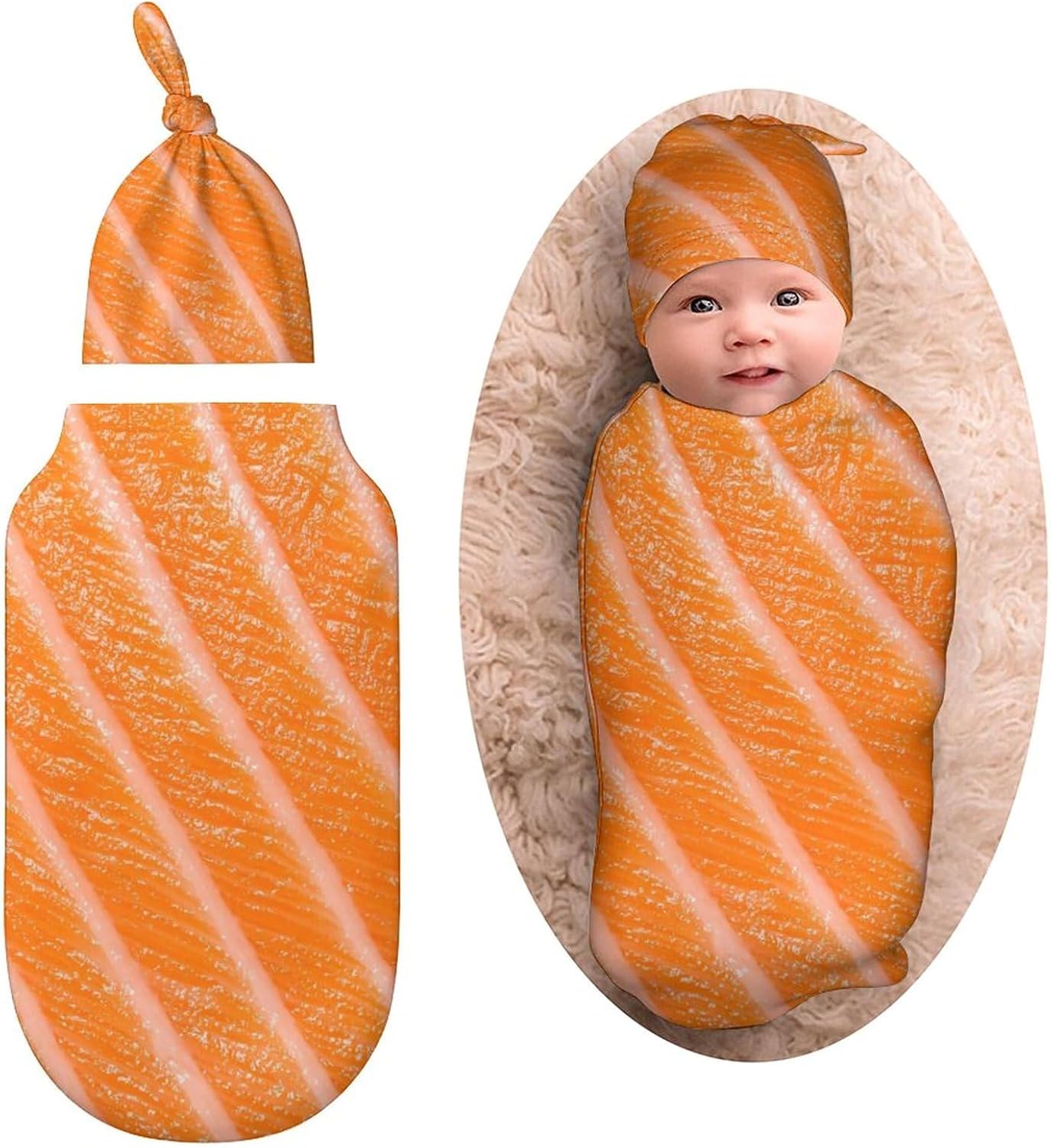 3D Funny Food Salmon Sushi Baby Swaddle Blanket with Hat