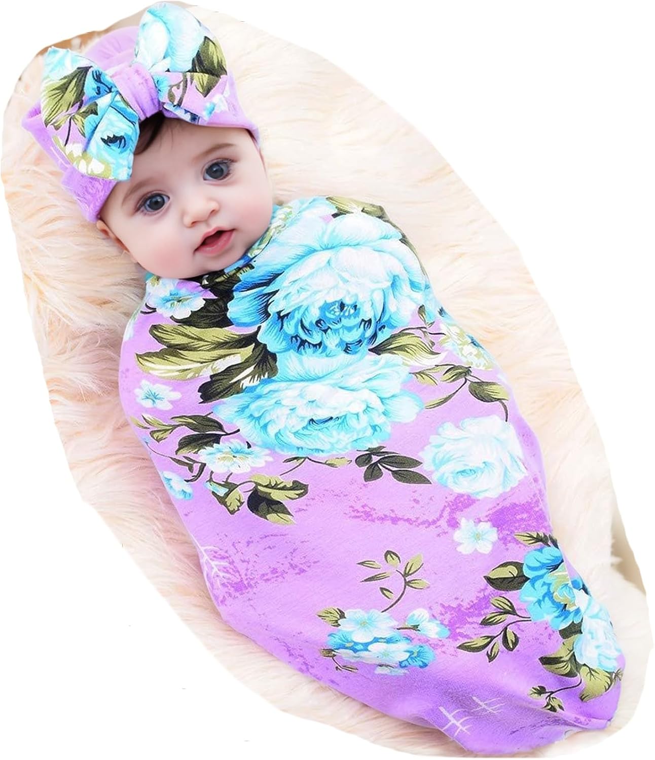 Galabloomer Newborn Baby Swaddle Blanket and Bow Set