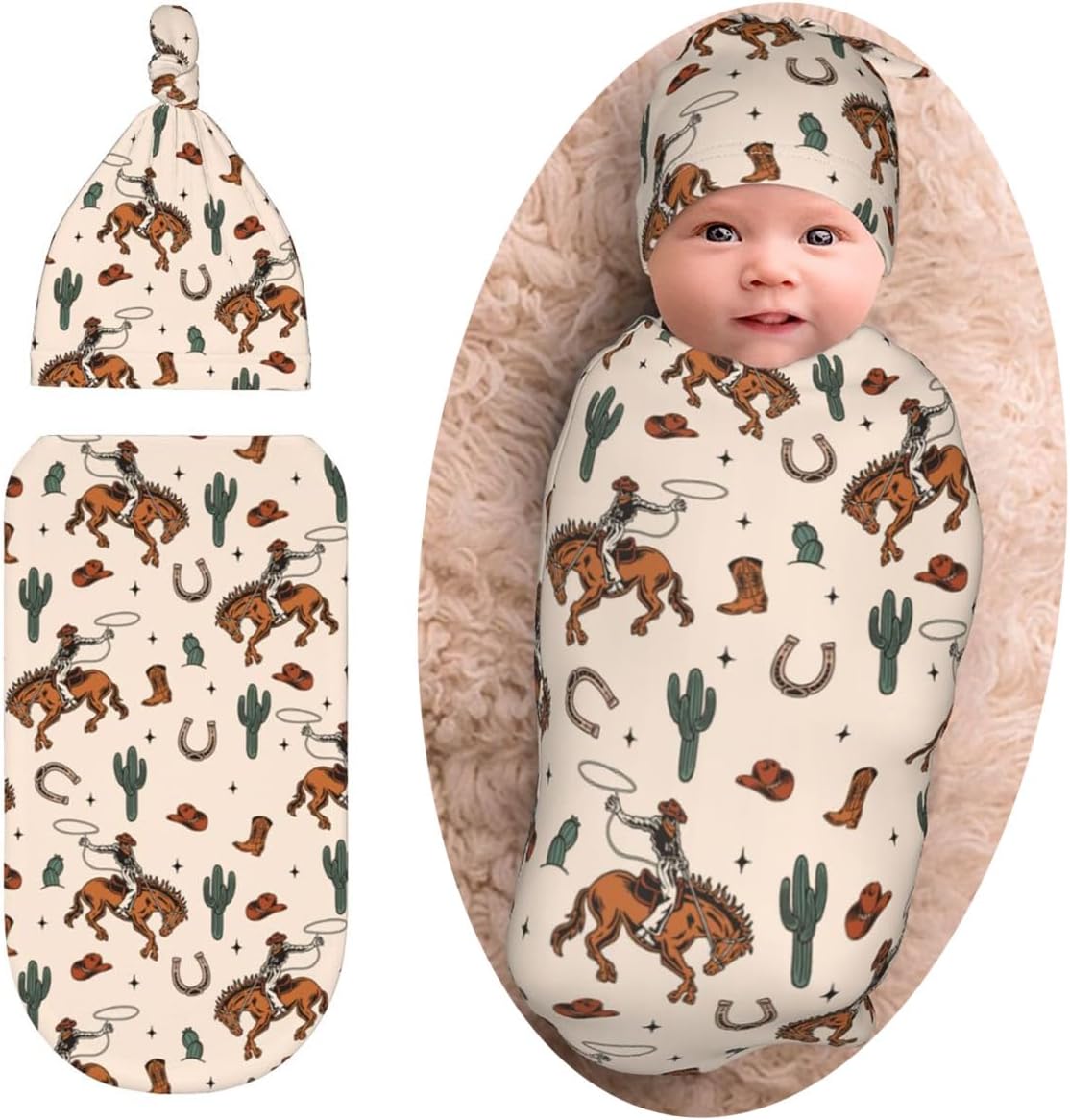 Sozzjile Western Baby Swaddle Blanket with Beanie Set