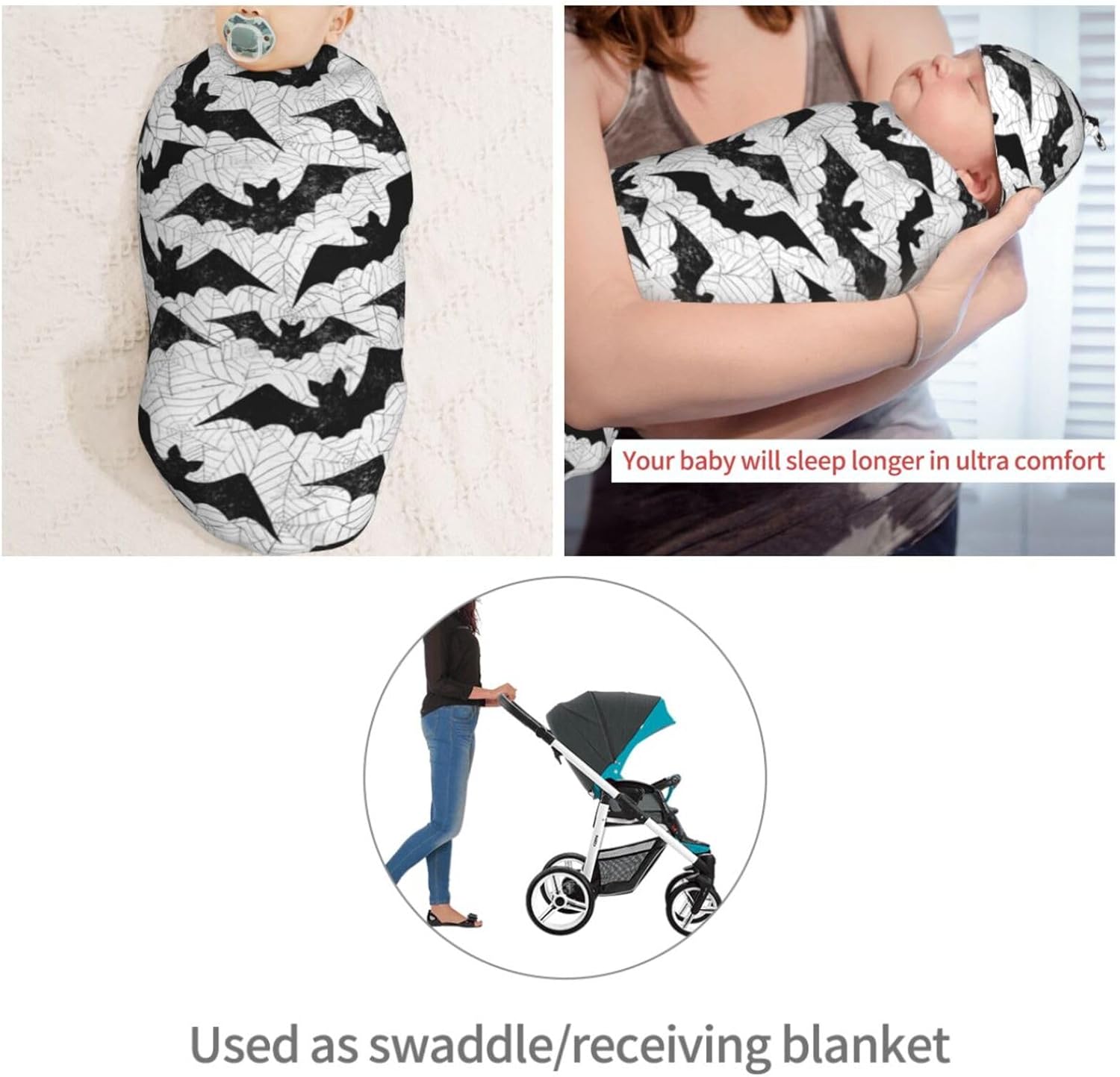 Muishi Black Bat Newborn Swaddle Blanket Hat Set 1