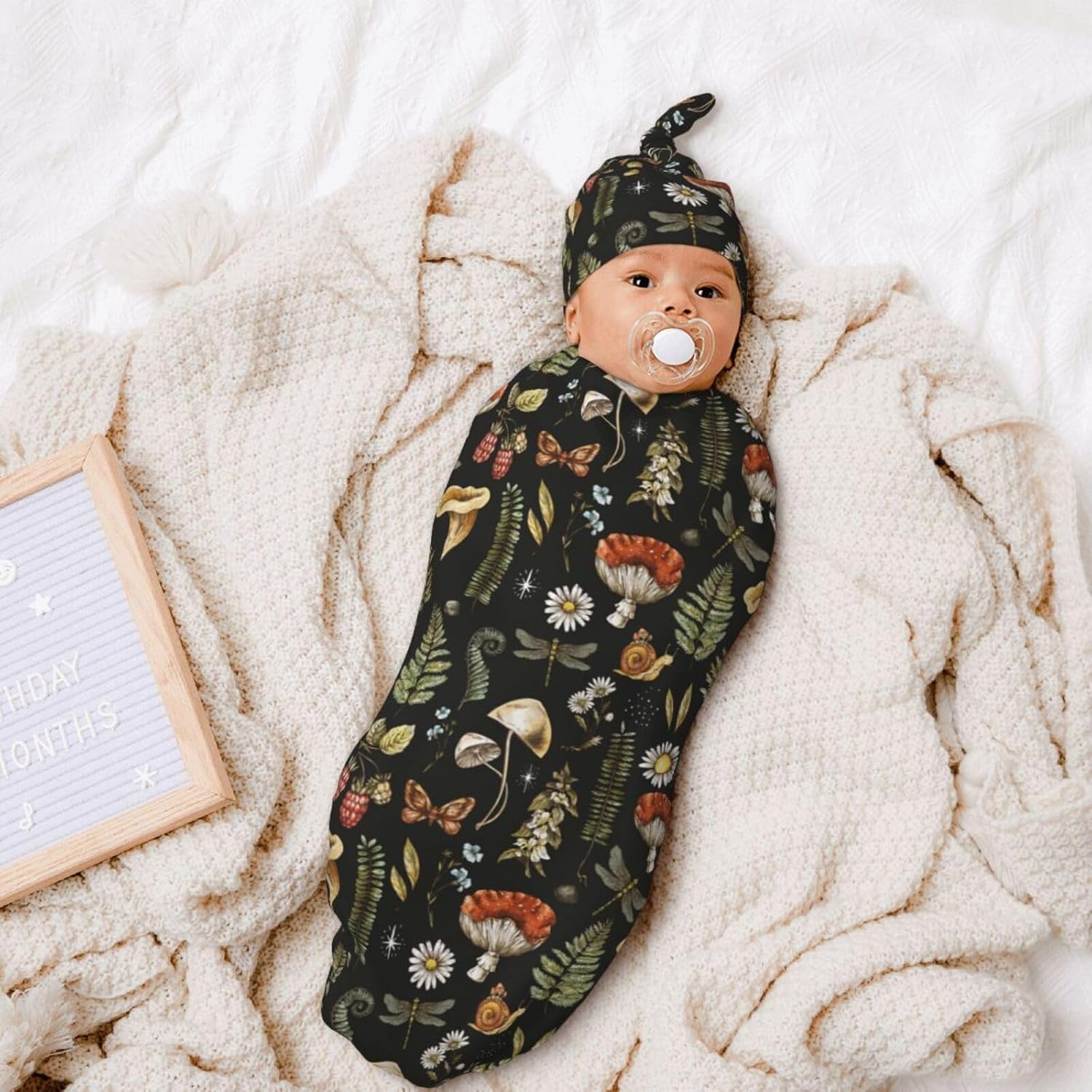 Qwalnely Mushroom Swaddling Blanket with Hat for Newborn