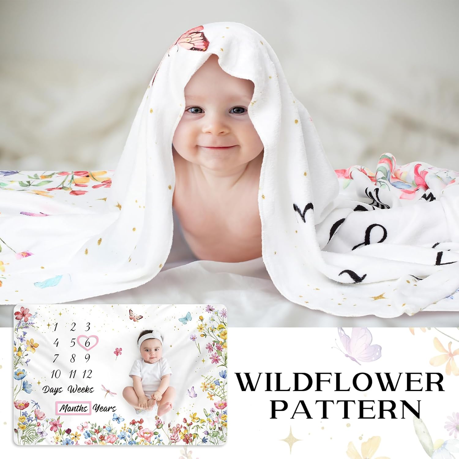 Nuanchu Wildflower Baby Milestone Blanket 60 x 40 Soft Fleece