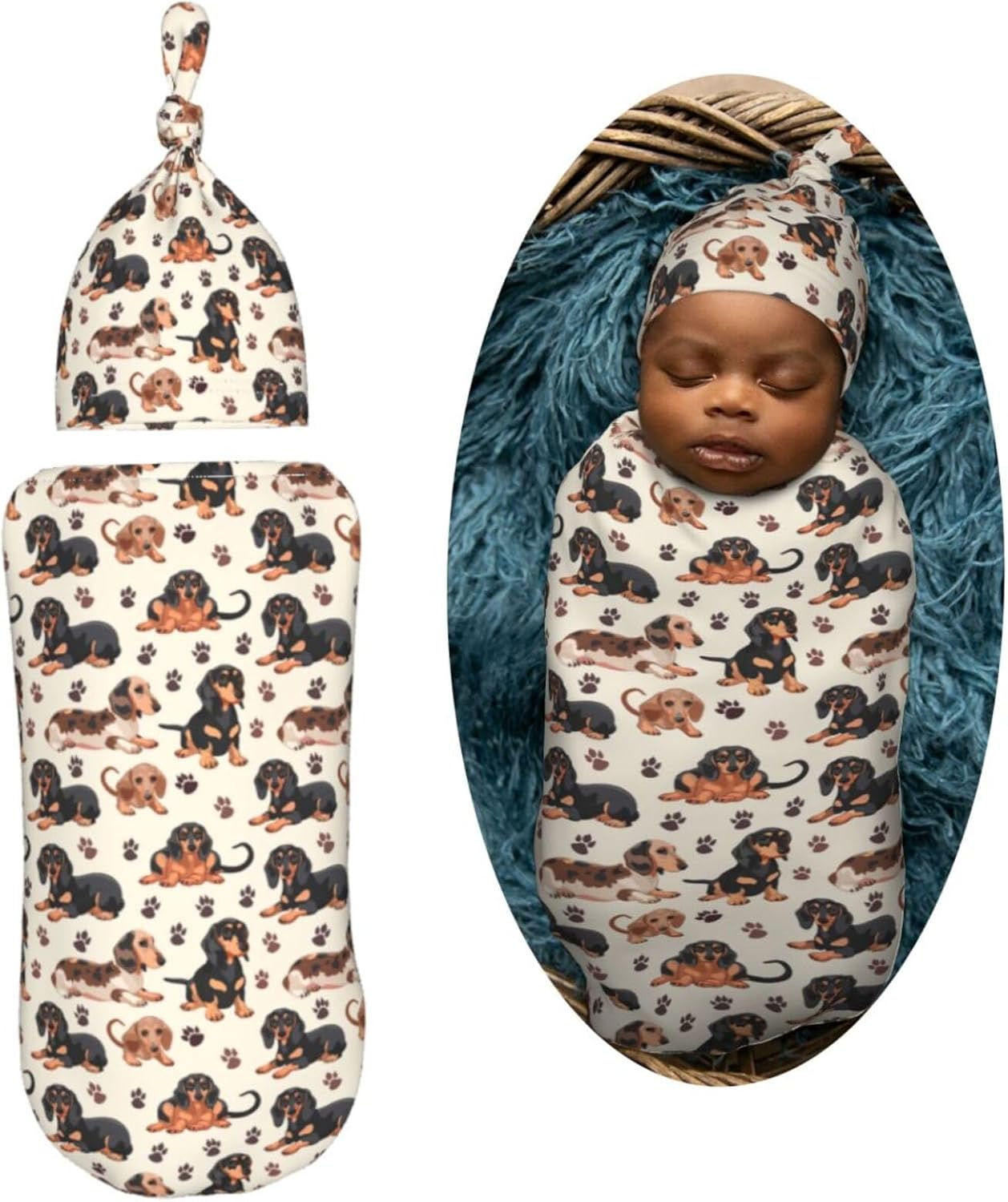 Muishi Dachshund Swaddle Blanket Beanie Set