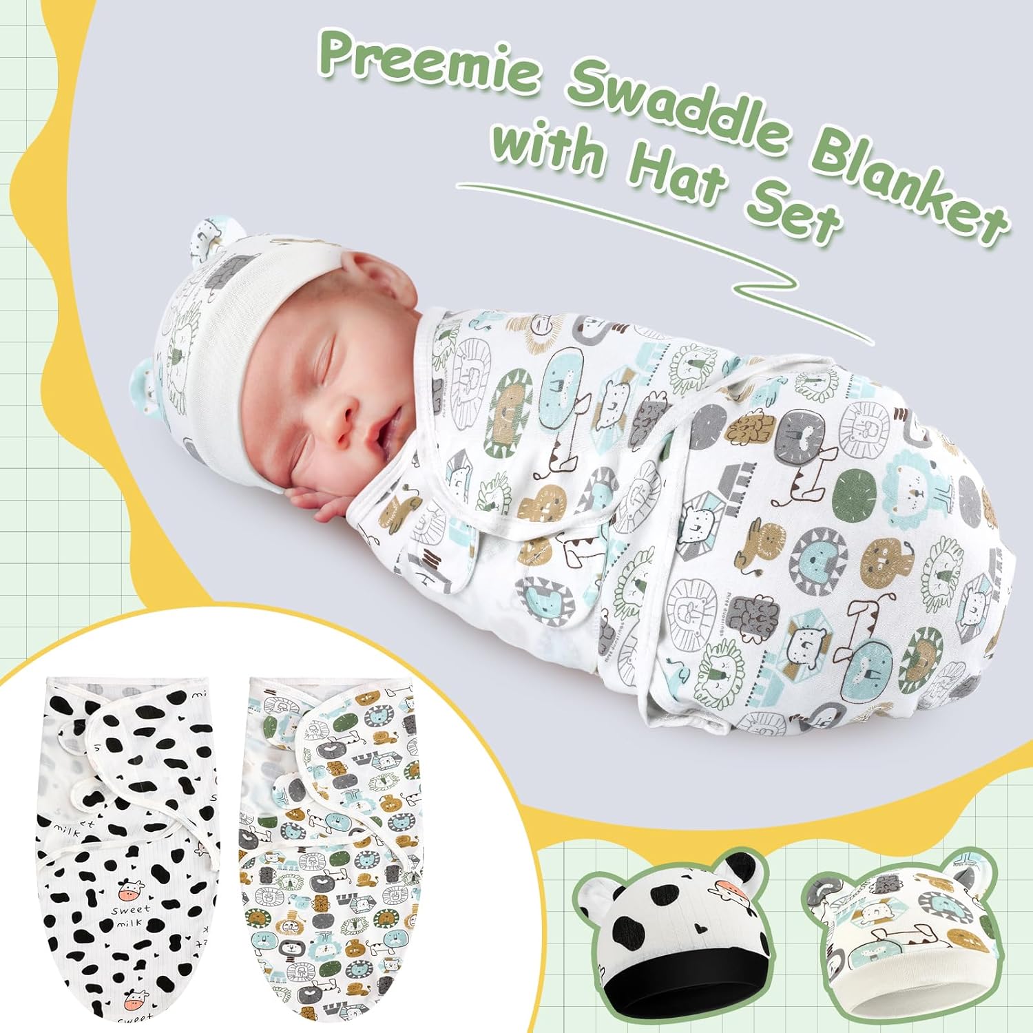 2 Pack Preemie Baby Swaddle Blanket with Cow Hat Set