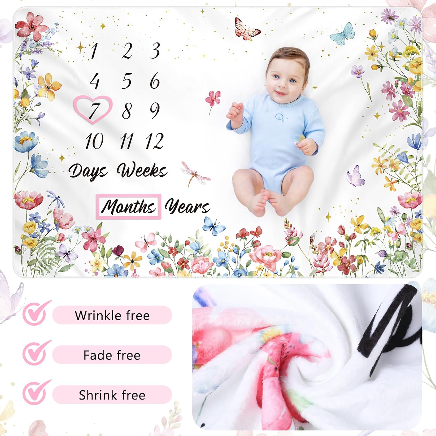 Nuanchu Wildflower Baby Milestone Blanket 60 x 40 Soft Fleece