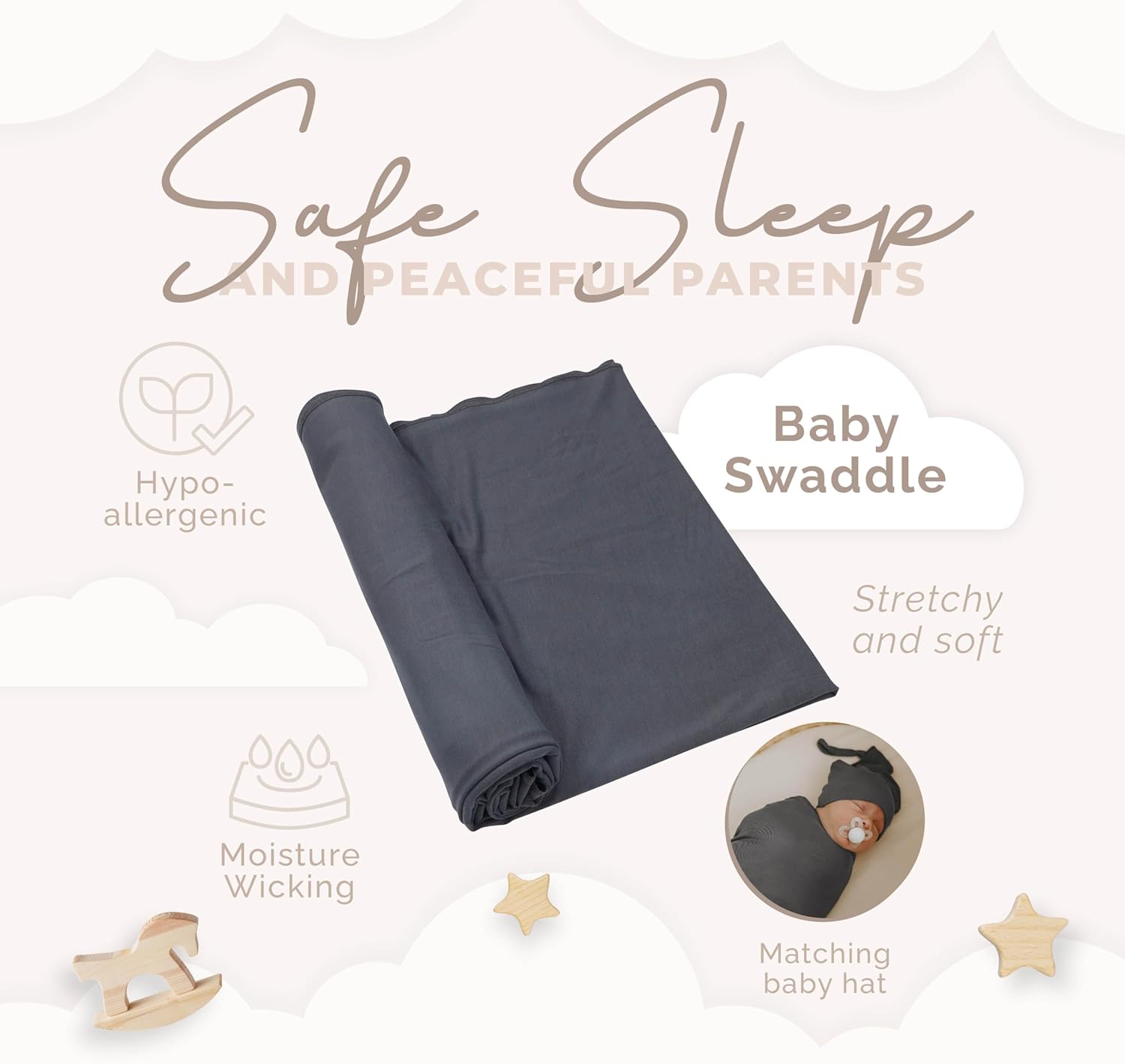 Nyte Nyte Baby Swaddle Blanket with Beanie Set 120x120cm Gray