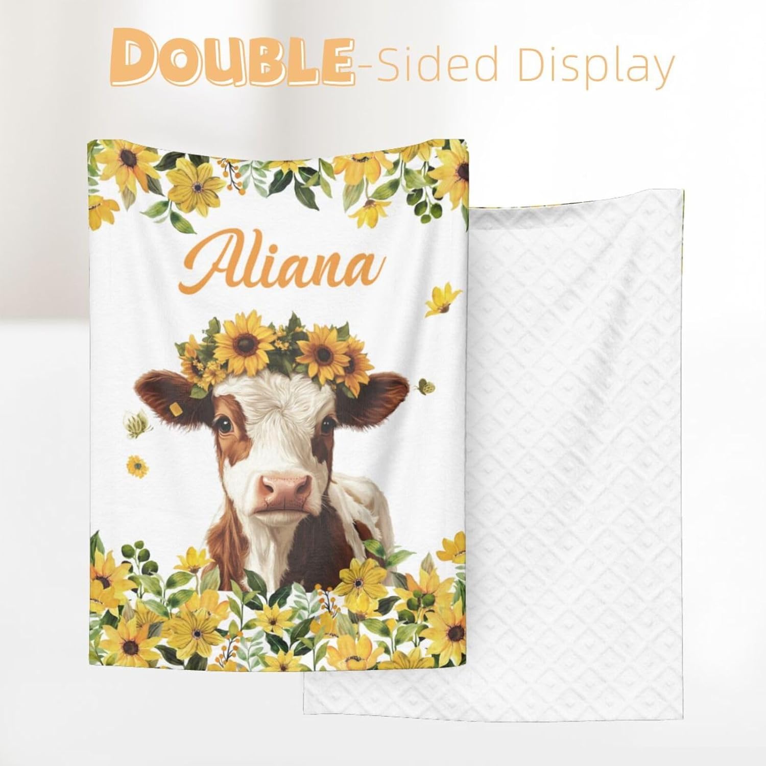 Customized Baby Blanket with Name Cow Pattern Flannel Blanket