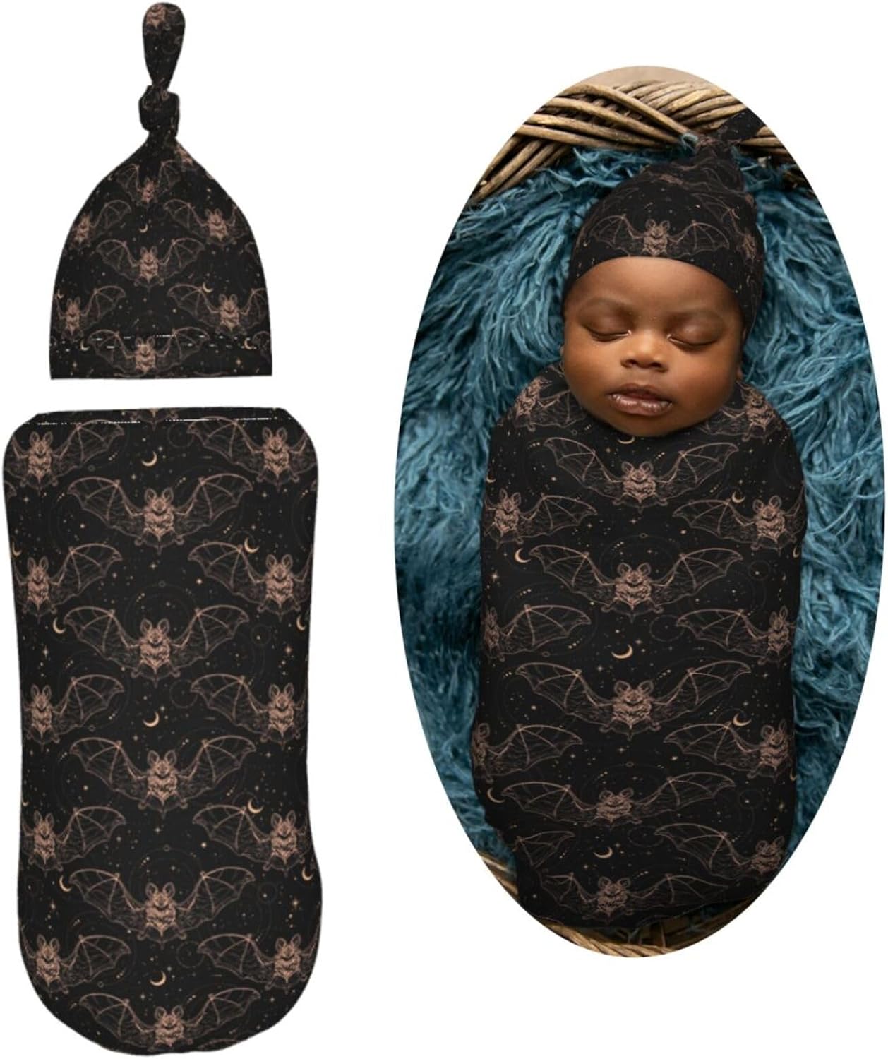 Night Bat Moon Newborn Swaddle Blanket Hat Set