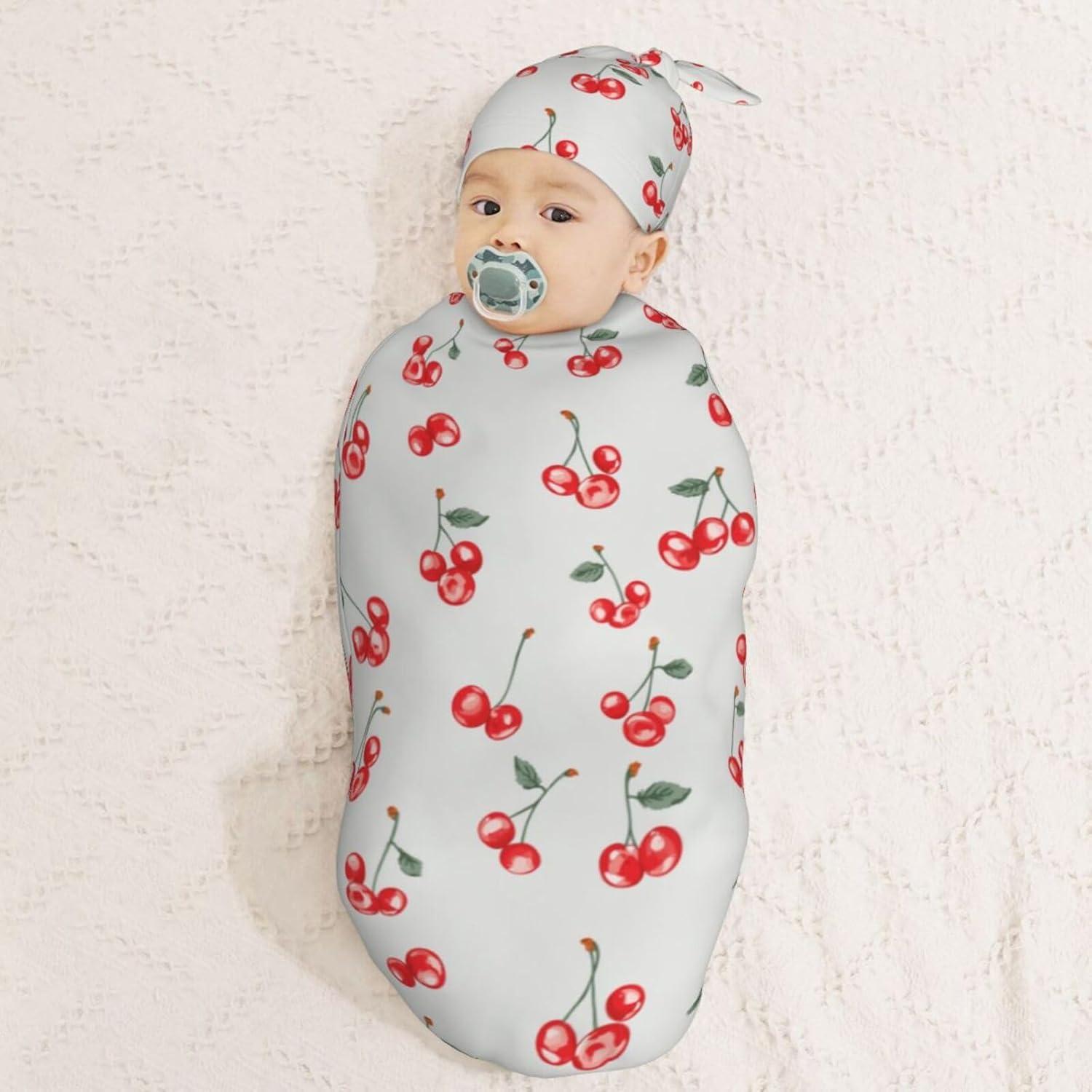 Small Red Cherries Swaddle Blanket Hat Set for Newborns