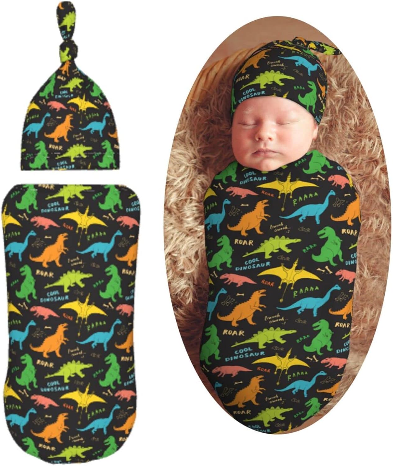 Dinosaur Swaddle Blanket Hat Set for Newborns