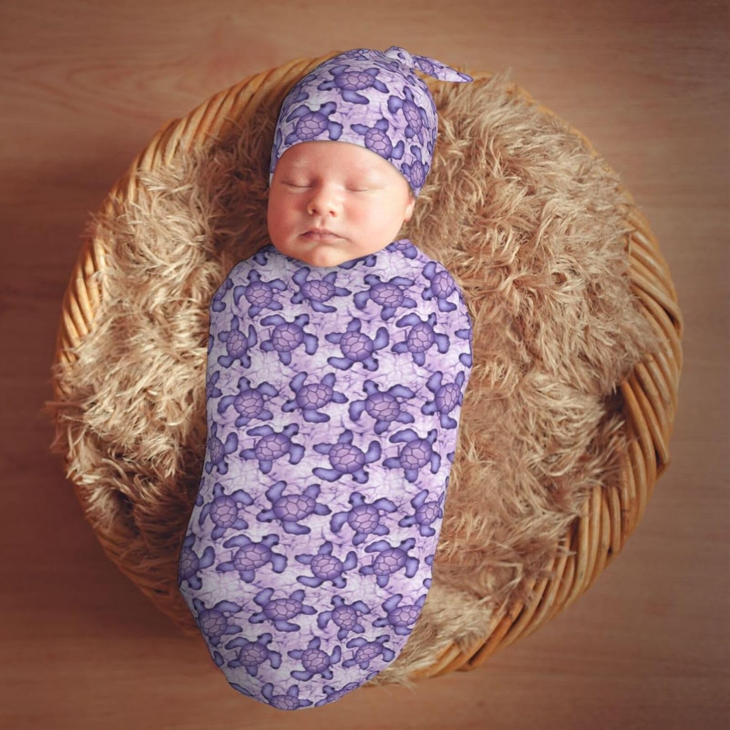 Muishi Purple Sea Turtle Swaddle Blanket Hat Set