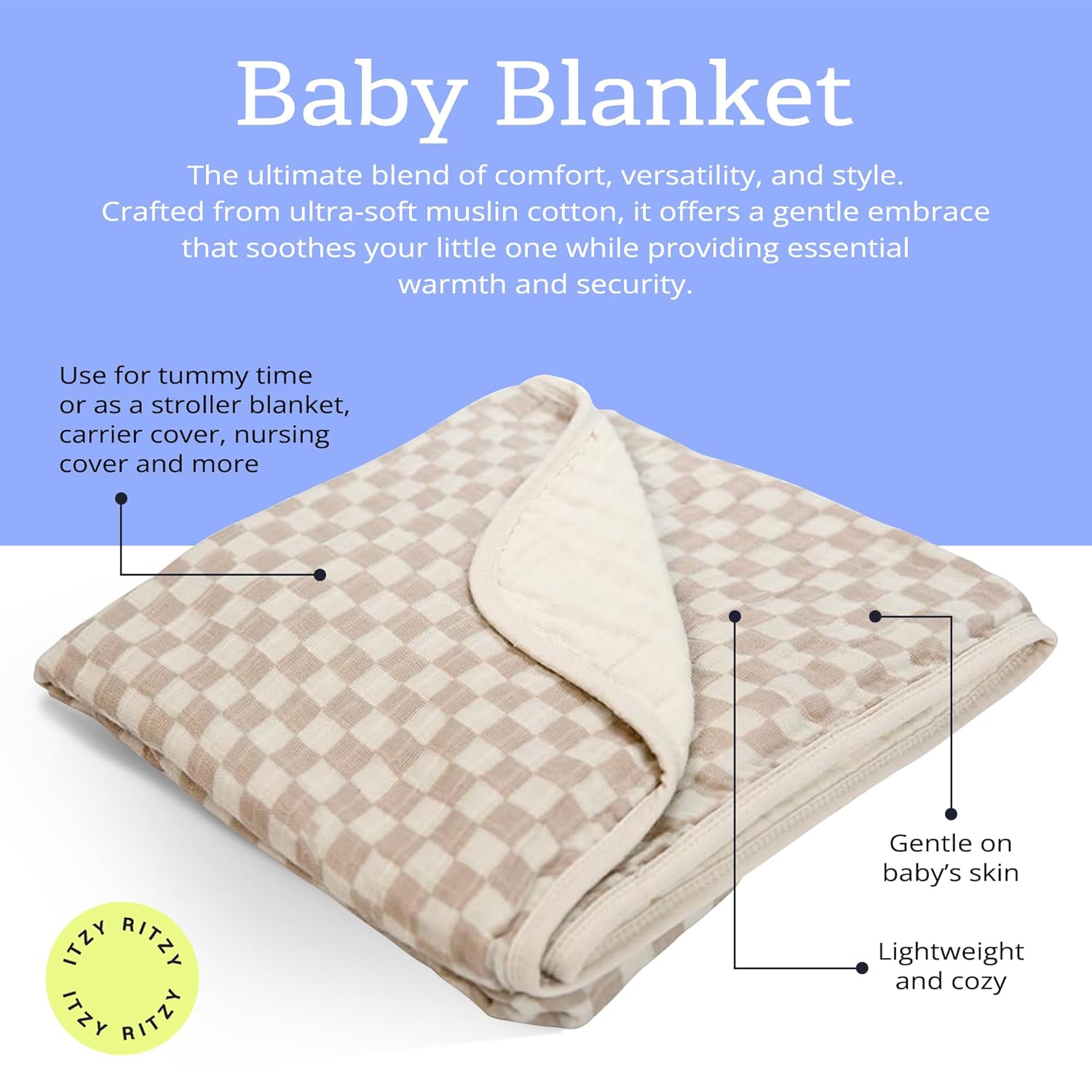Itzy Ritzy Baby Blanket - Soft Cotton Muslin Checkerboard