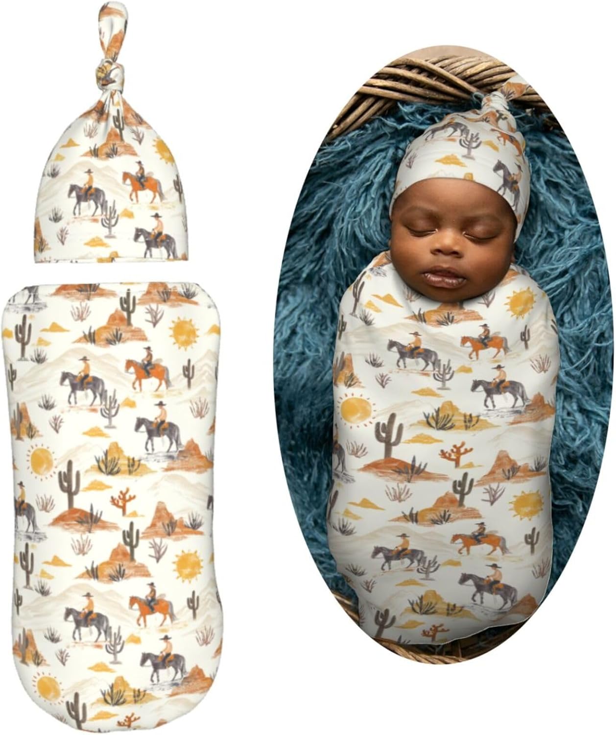 Soft Western Cowboys Horses Swaddle Blanket Set
