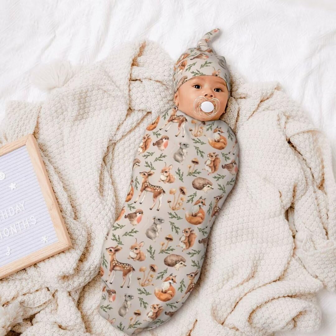 Qiankang Cartoon Animals Swaddling Blanket Beanie Set