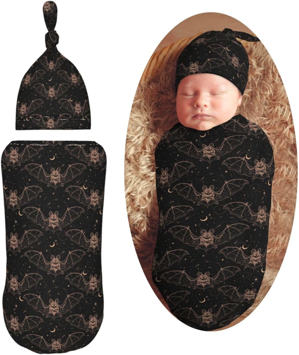 Night Bat Moon Newborn Swaddle Blanket Hat Set
