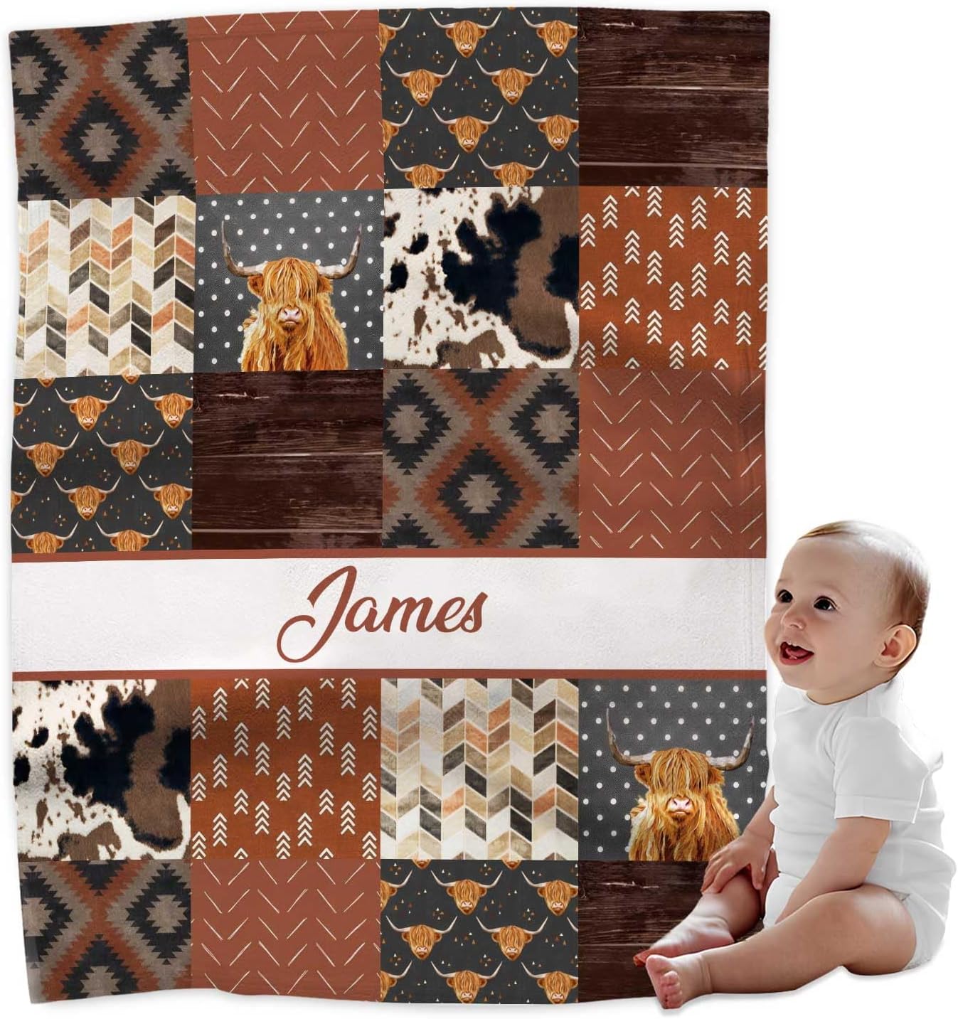 Personalized Cute High Land Cow Baby Blanket with Name
