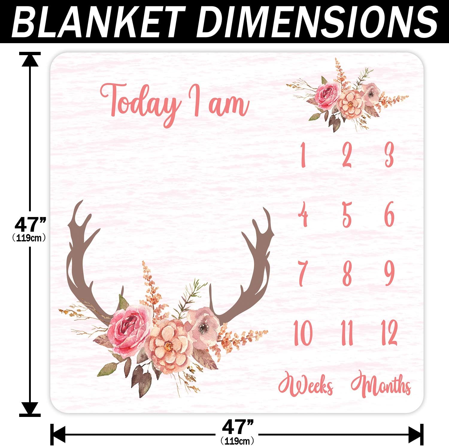 PHMOJEN Monthly Milestone Blanket for Baby Girl Pink Deer Antler Flowers