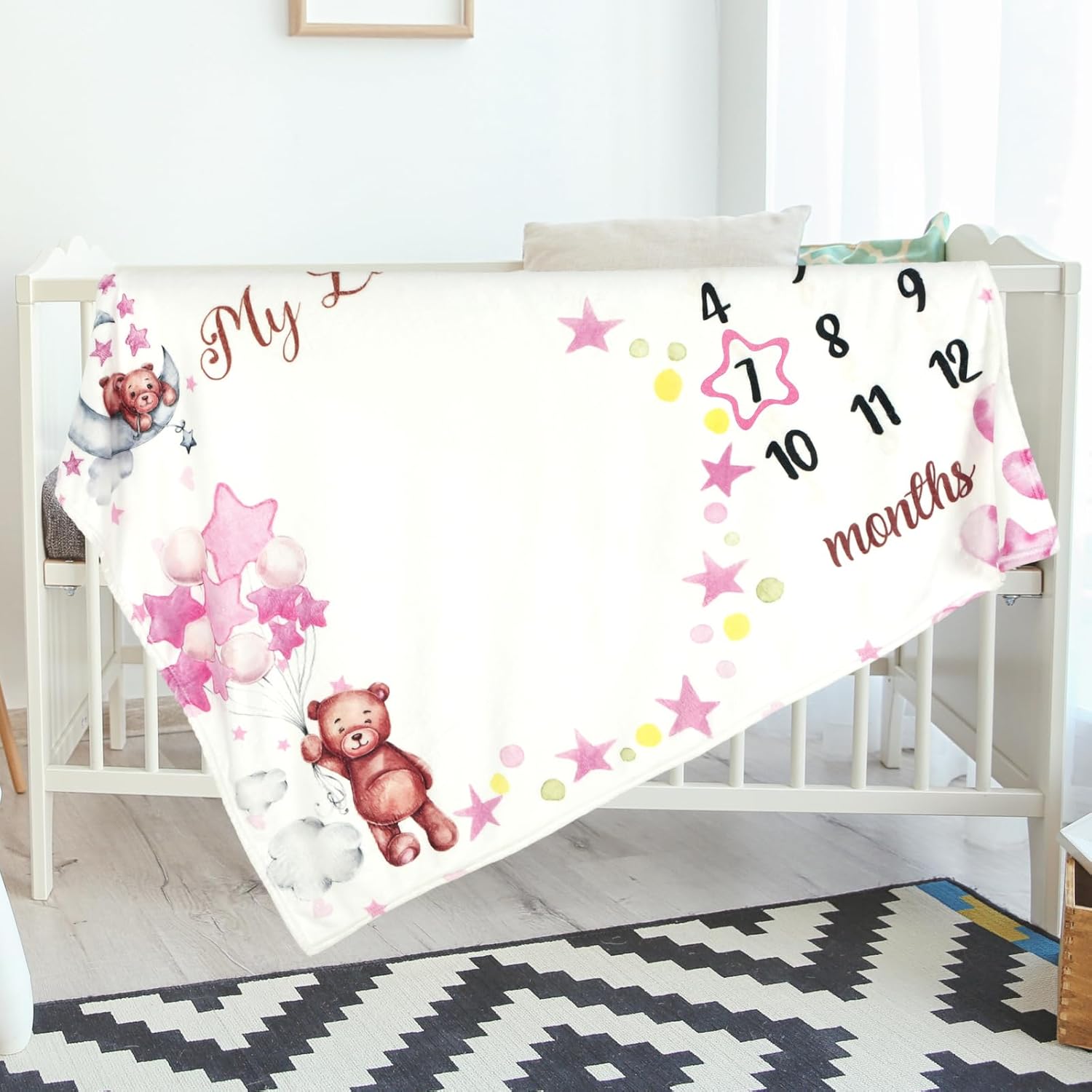 Sleeping Bear Baby Milestone Blanket with Star Frame for Boys Girls