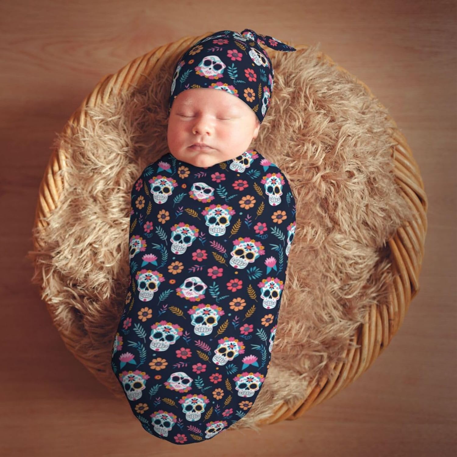 Muishi Sugar Skulls Flower Swaddle Blanket and Beanie Hat Set