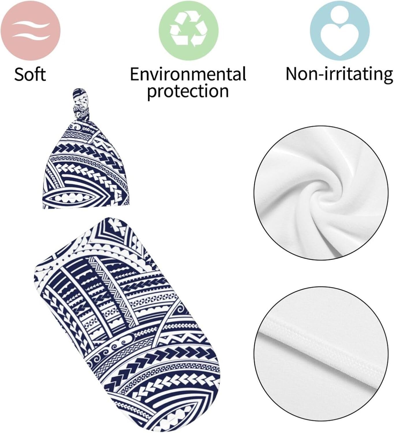 NOKOER Blue Polynesian Tribal Pattern Swaddle Blanket with Hat Set