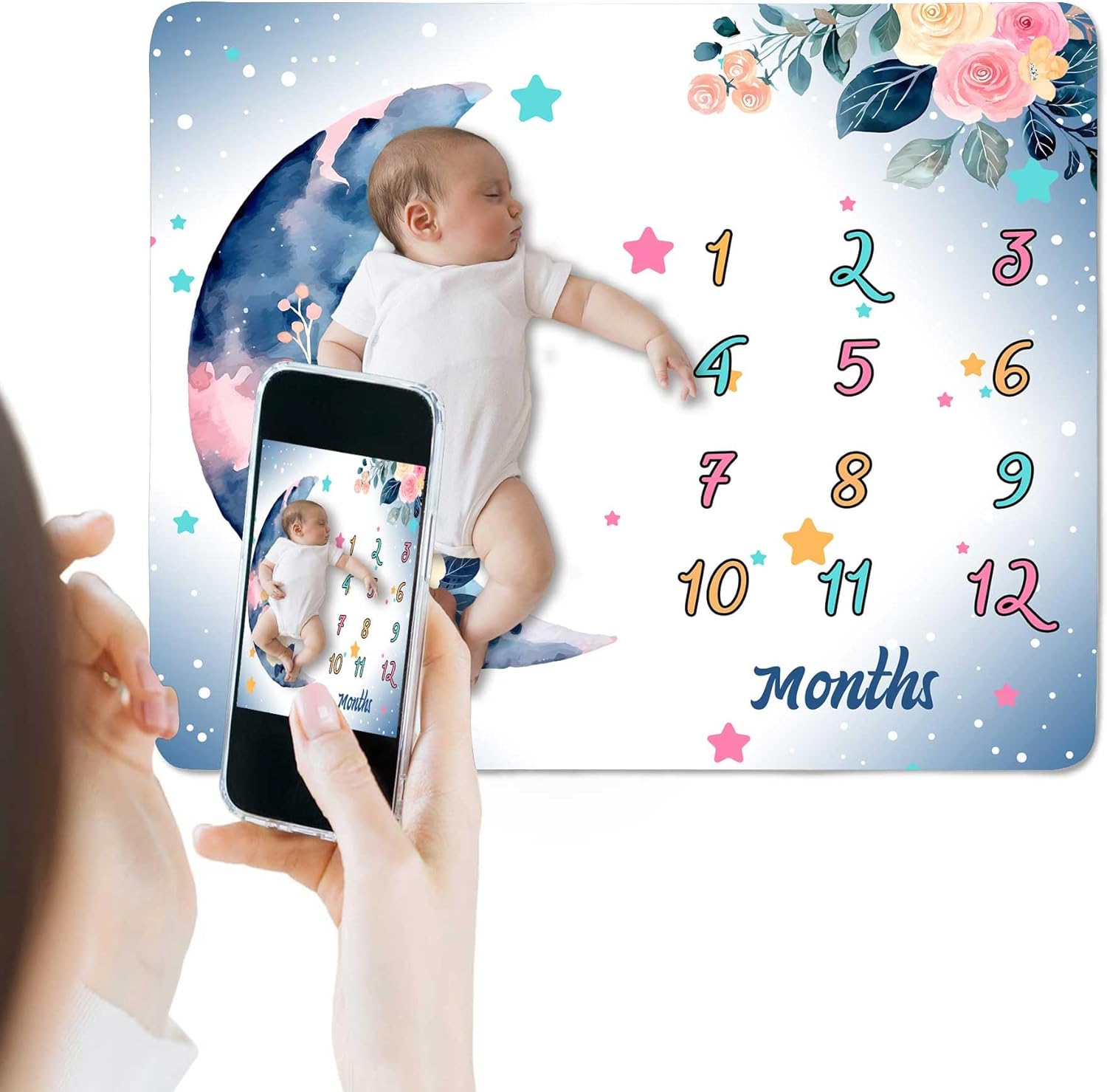 Moon Baby Milestone Blanket - Watercolor Pink Flower Design