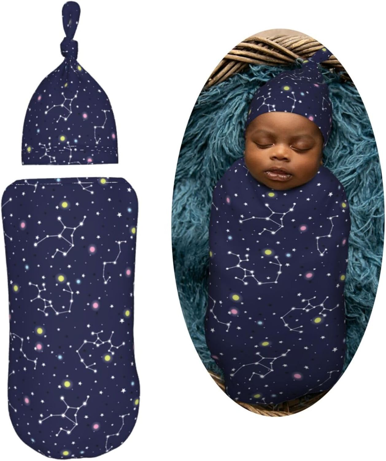 Muishi Space Stars Newborn Swaddle Blanket and Hat Set