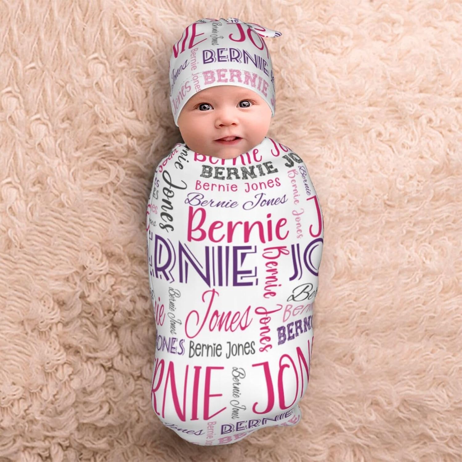 Personalized Baby Swaddle Set with Name Hat