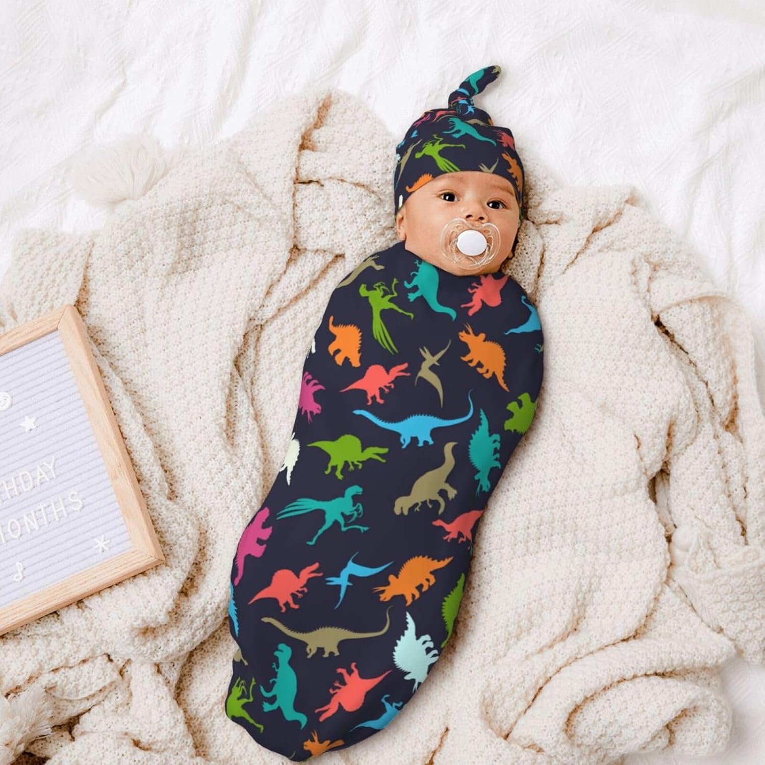 WELBB Dinosaur Swaddle Blanket Beanie Set for Newborns