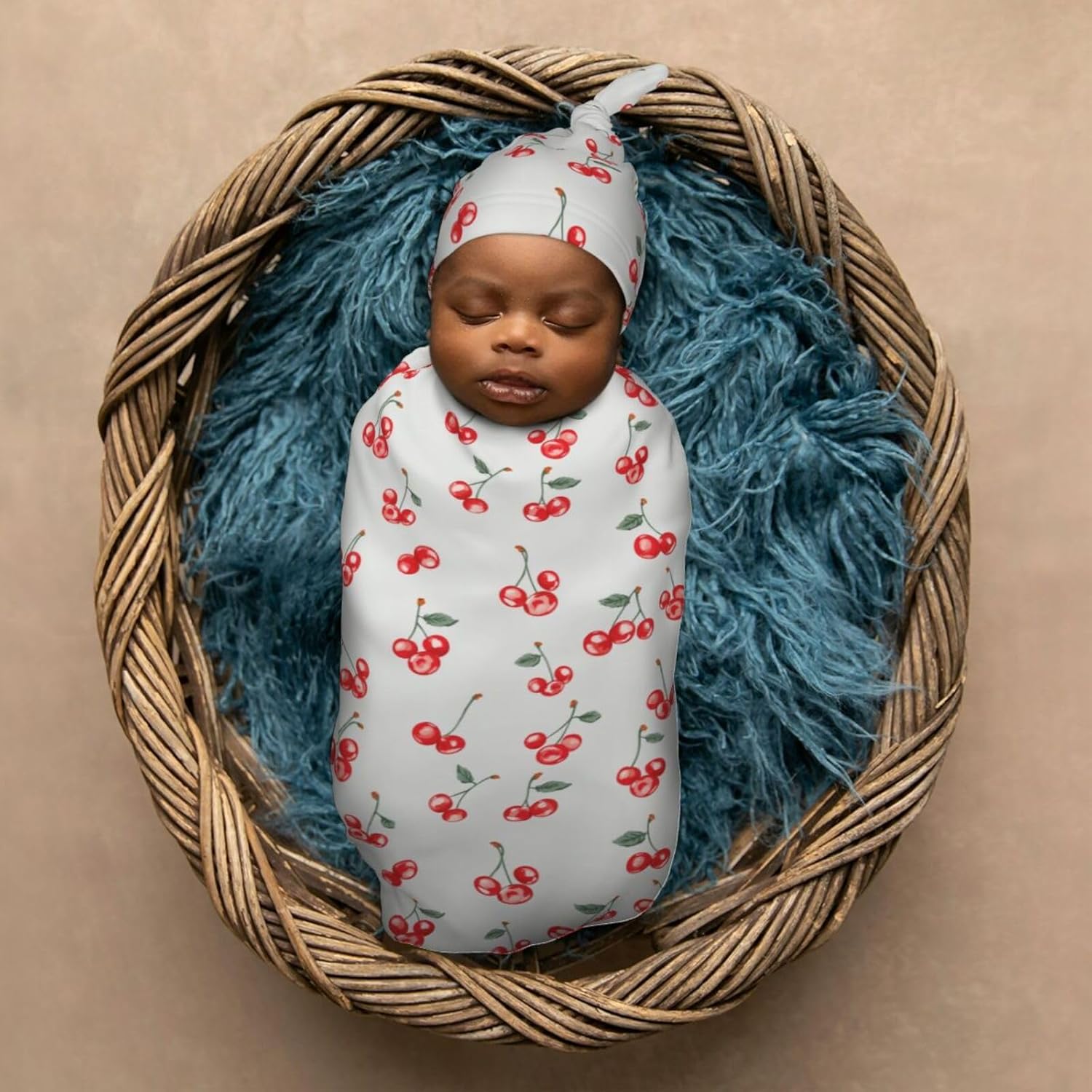 Small Red Cherries Swaddle Blanket Hat Set for Newborns