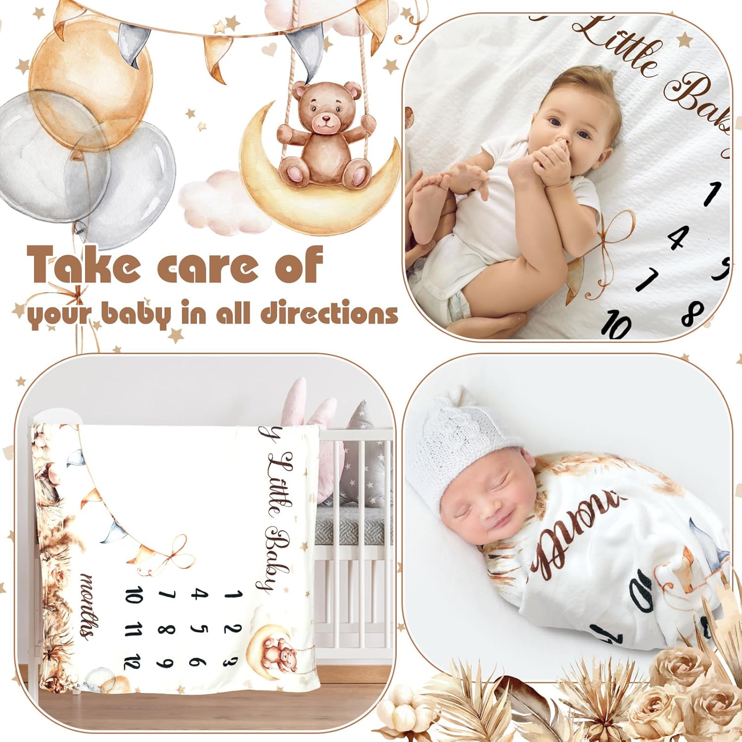 Mindsoft Boho Brown Bear Milestone Blanket with Frame