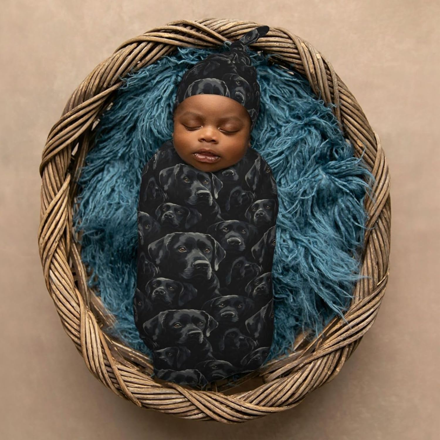 Muishi Black Labrador Swaddle Blanket and Hat Set