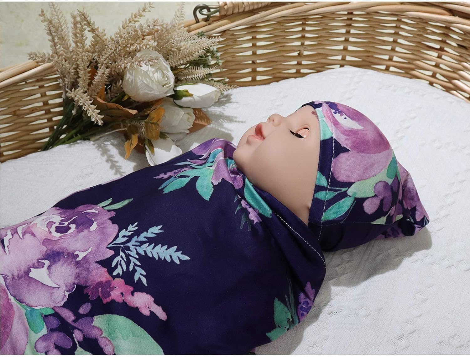 TANOFAR Newborn Swaddle Blanket with Beanie Set Purple Flower