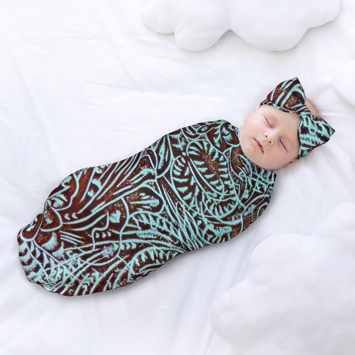 ZEYUANKA Country Teal Brown Western Swaddle Blanket Set with Headband