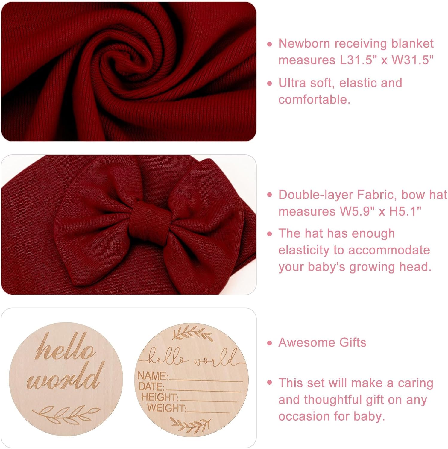 AQOKKA Newborn Swaddle Blanket with Bow Hat Mittens Wooden Card Set 1