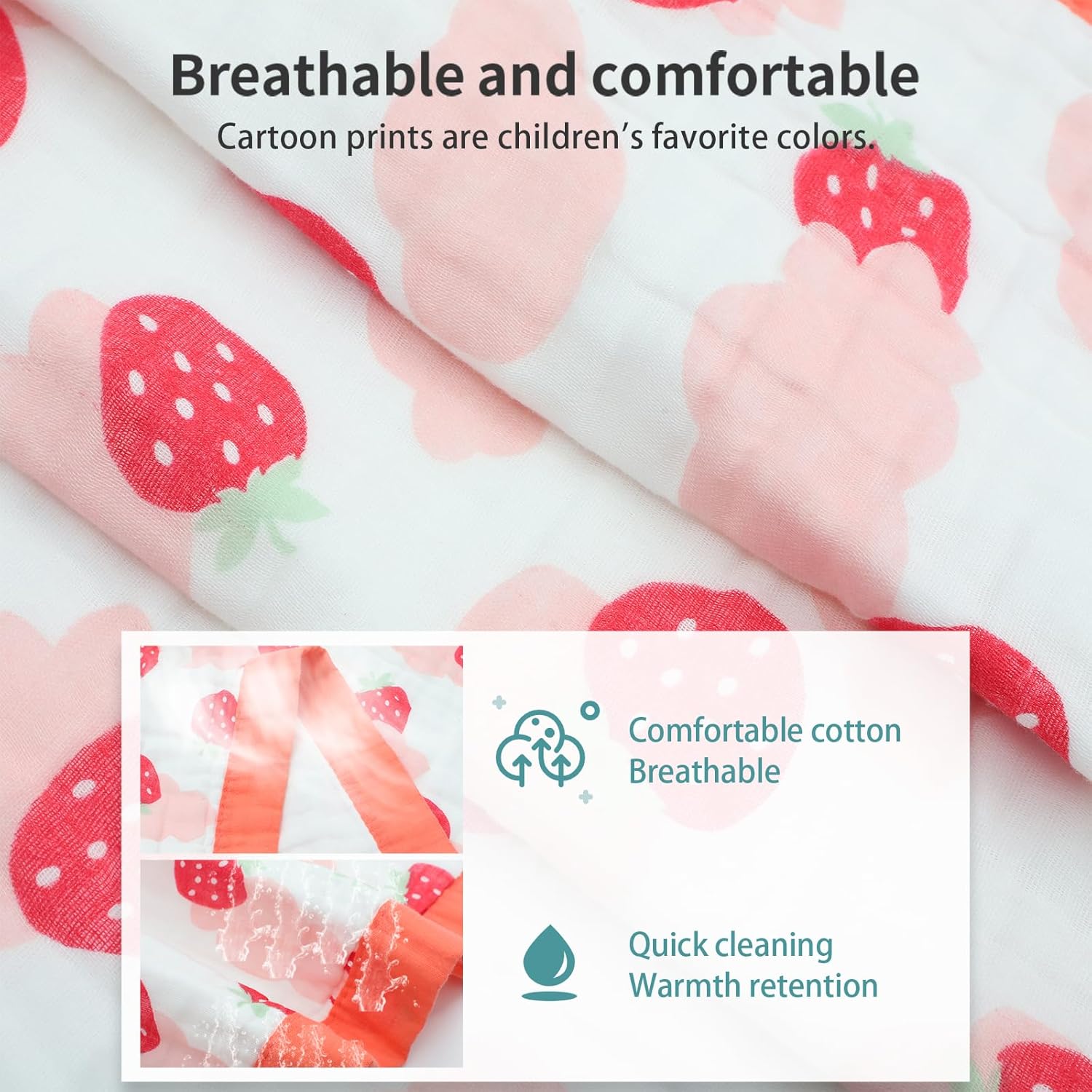 Baby Muslin Swaddle Blanket Red Strawberry Pattern 110x110cm
