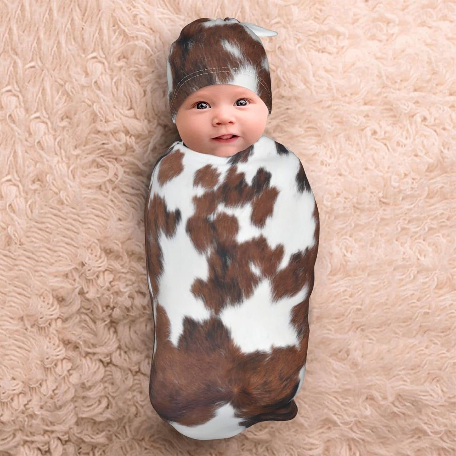Brown Cow Print Swaddle Blanket with Hat for Newborns