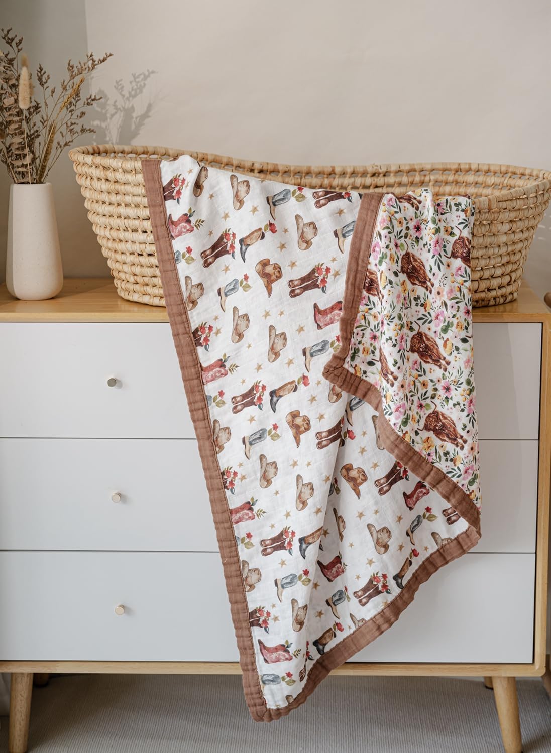 Little Jump Cowgirl Floral Highland Cow Muslin Blanket - 47 x 47