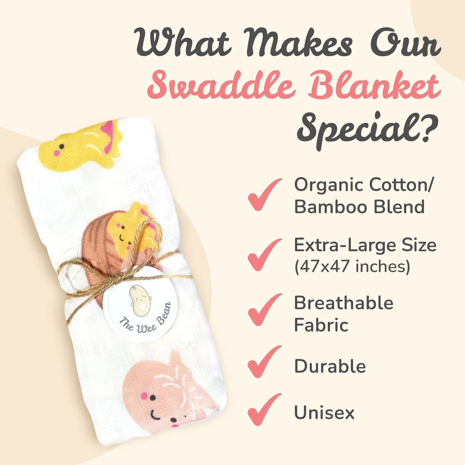 The Wee Bean Organic Cotton Bamboo Rayon Swaddle Muslin Blanket