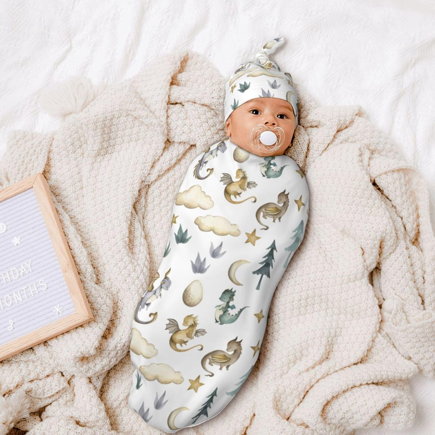 Sozzjile Dragon Print Swaddle Blanket with Beanie Set 1